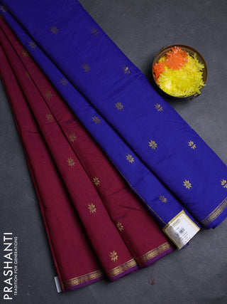Semi maheswari cotton saree magenta pink and blue with allover zari woven buttas and small zari woven border