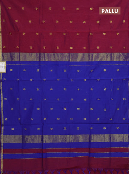 Semi maheswari cotton saree magenta pink and blue with allover zari woven buttas and small zari woven border