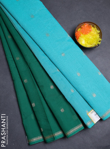 Semi maheswari cotton saree green and teal green with allover zari woven buttas and small zari woven border