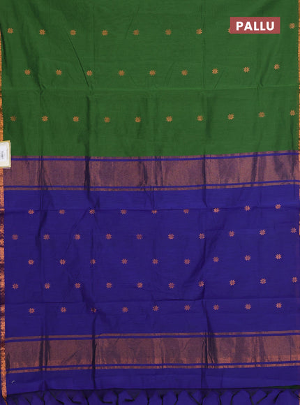 Semi maheswari cotton saree light green and violet with allover zari woven buttas and small zari woven border