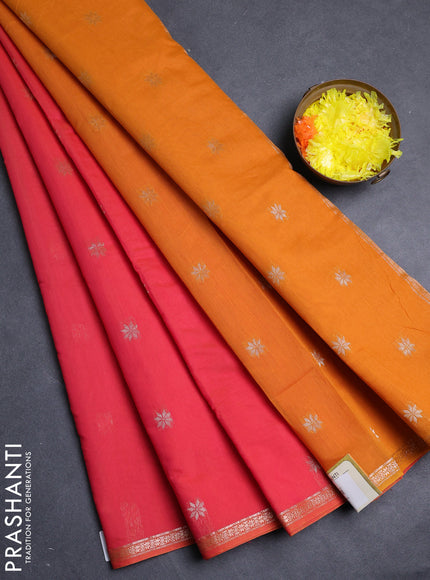 Semi maheswari cotton saree pink and mango yellow with allover zari woven buttas and small zari woven border