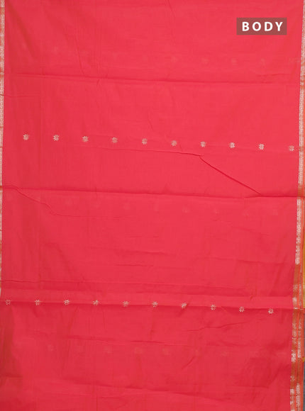 Semi maheswari cotton saree pink and mango yellow with allover zari woven buttas and small zari woven border