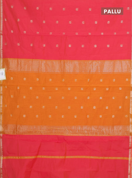 Semi maheswari cotton saree pink and mango yellow with allover zari woven buttas and small zari woven border