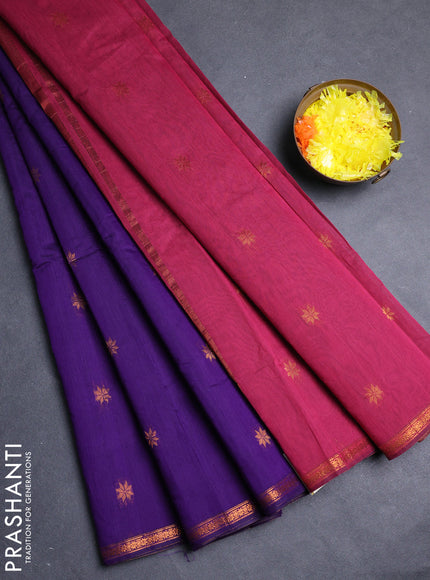 Semi maheswari cotton saree violet and magenta pink with allover copper zari woven buttas and small copper zari woven border