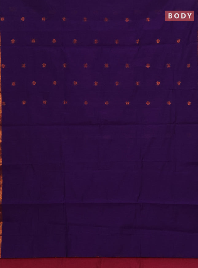 Semi maheswari cotton saree violet and magenta pink with allover copper zari woven buttas and small copper zari woven border