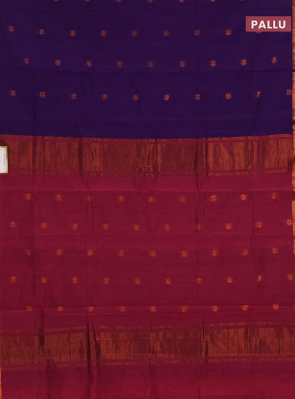 Semi maheswari cotton saree violet and magenta pink with allover copper zari woven buttas and small copper zari woven border