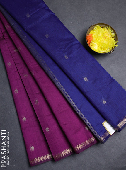 Semi maheswari cotton saree magenta pink and blue with allover zari woven buttas and small zari woven border