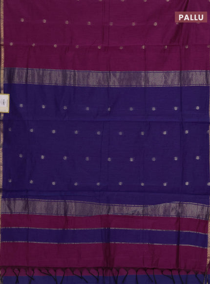 Semi maheswari cotton saree magenta pink and blue with allover zari woven buttas and small zari woven border