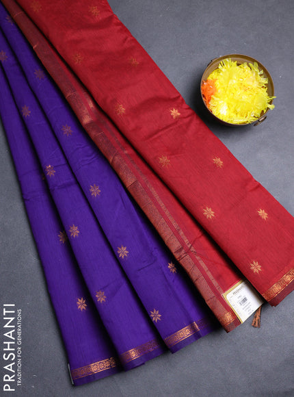 Semi maheswari cotton saree violet and deep maroon with allover copper zari woven buttas and small copper zari woven border