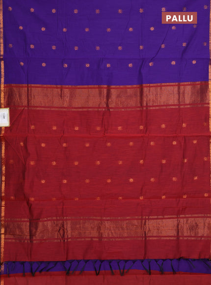 Semi maheswari cotton saree violet and deep maroon with allover copper zari woven buttas and small copper zari woven border