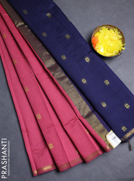 Semi maheswari cotton saree pink and navy blue with allover zari woven buttas and small zari woven border
