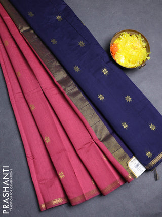 Semi maheswari cotton saree pink and navy blue with allover zari woven buttas and small zari woven border