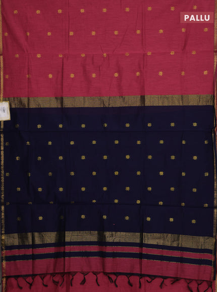 Semi maheswari cotton saree pink and navy blue with allover zari woven buttas and small zari woven border