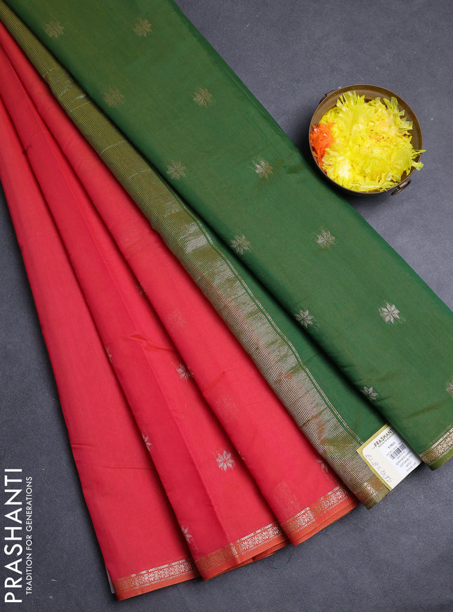 Semi maheswari cotton saree pink and light green with allover zari woven buttas and small zari woven border