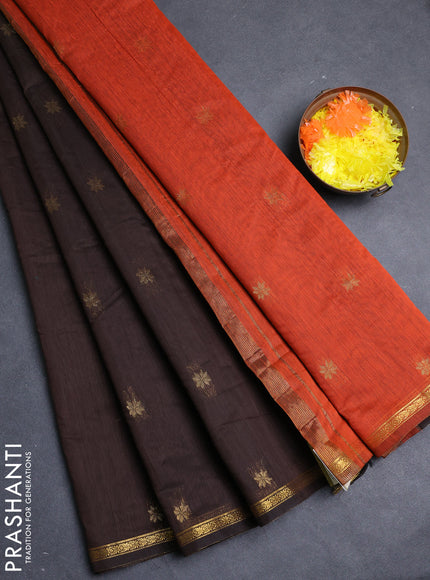 Semi maheswari cotton saree coffee brown and orange with allover zari woven buttas and small zari woven border