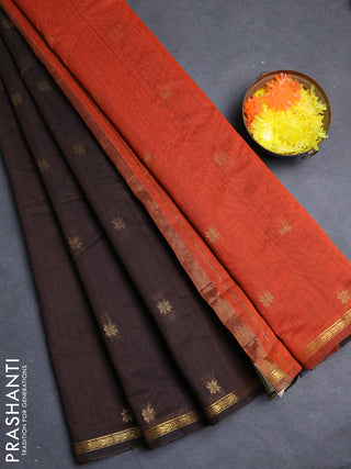 Semi maheswari cotton saree coffee brown and orange with allover zari woven buttas and small zari woven border