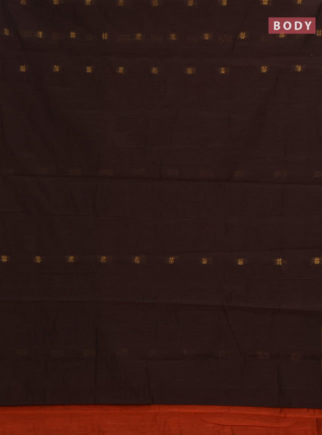Semi maheswari cotton saree coffee brown and orange with allover zari woven buttas and small zari woven border