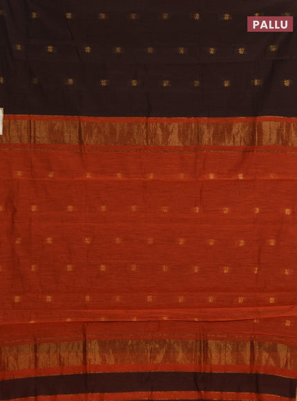 Semi maheswari cotton saree coffee brown and orange with allover zari woven buttas and small zari woven border
