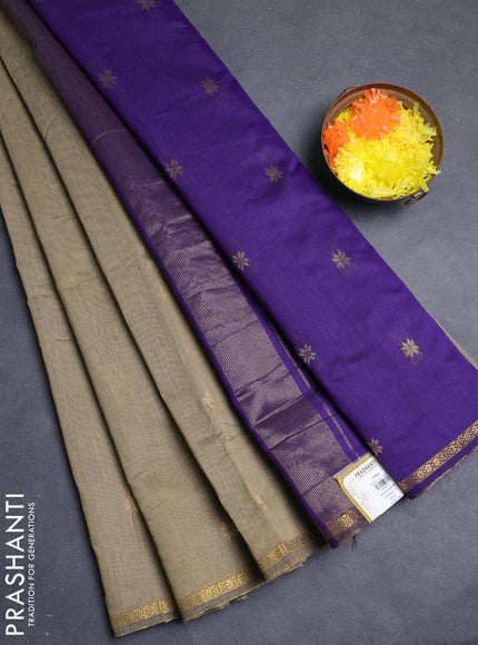 Semi maheswari cotton saree beige and violet with allover zari woven buttas and small zari woven border
