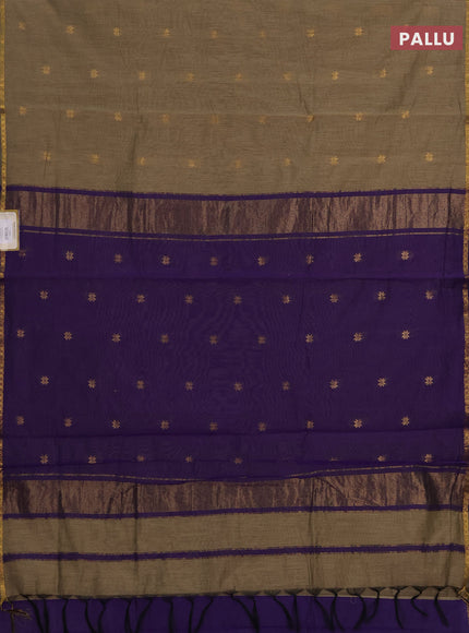 Semi maheswari cotton saree beige and violet with allover zari woven buttas and small zari woven border