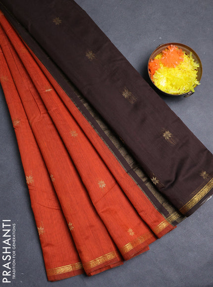 Semi maheswari cotton saree orange and coffee brown with allover zari woven buttas and small zari woven border