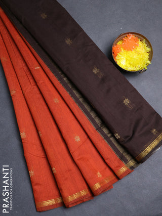 Semi maheswari cotton saree orange and coffee brown with allover zari woven buttas and small zari woven border