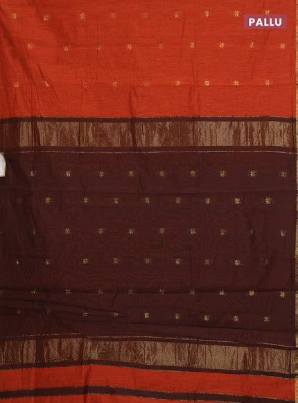 Semi maheswari cotton saree orange and coffee brown with allover zari woven buttas and small zari woven border
