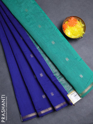 Semi maheswari cotton saree blue and teal green with allover zari woven buttas and small zari woven border