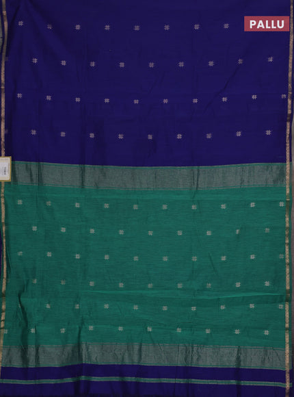 Semi maheswari cotton saree blue and teal green with allover zari woven buttas and small zari woven border