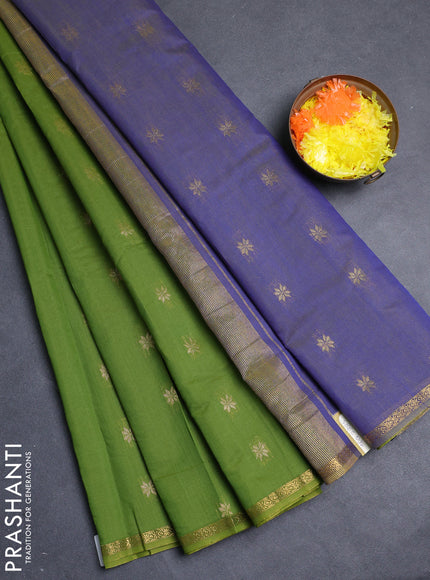 Semi maheswari cotton saree light green and blue with allover zari woven buttas and small zari woven border