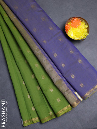 Semi maheswari cotton saree light green and blue with allover zari woven buttas and small zari woven border