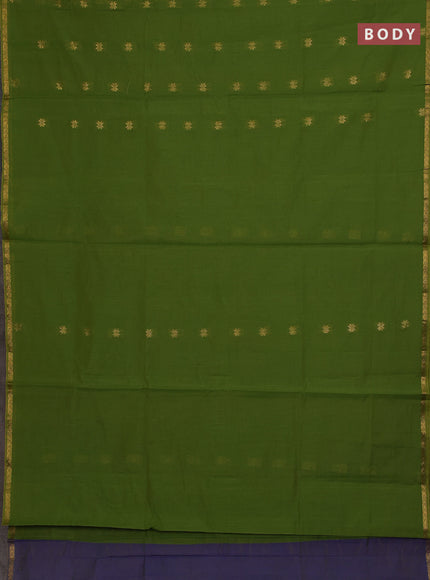 Semi maheswari cotton saree light green and blue with allover zari woven buttas and small zari woven border