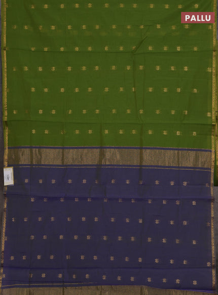 Semi maheswari cotton saree light green and blue with allover zari woven buttas and small zari woven border