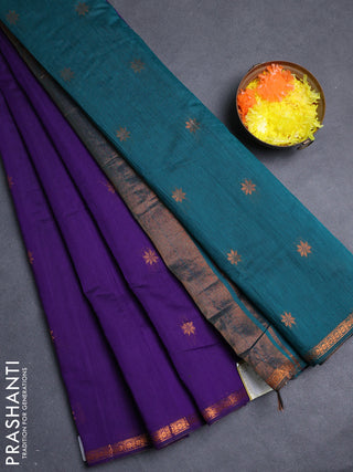 Semi maheswari cotton saree violet and peacock green with allover copper zari woven buttas and small copper zari woven border