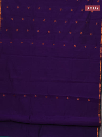Semi maheswari cotton saree violet and peacock green with allover copper zari woven buttas and small copper zari woven border
