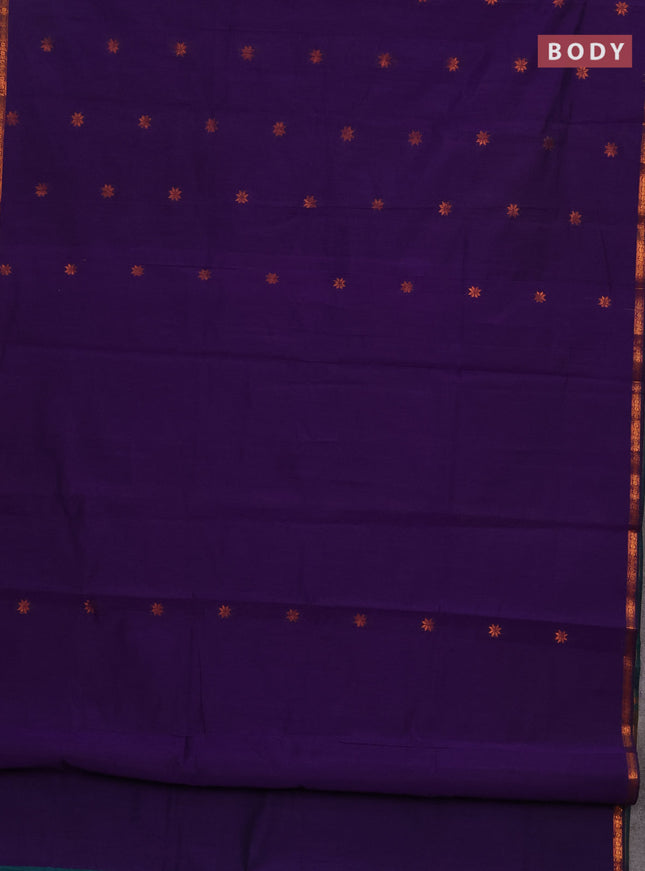 Semi maheswari cotton saree violet and peacock green with allover copper zari woven buttas and small copper zari woven border