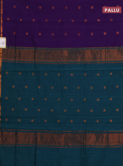 Semi maheswari cotton saree violet and peacock green with allover copper zari woven buttas and small copper zari woven border