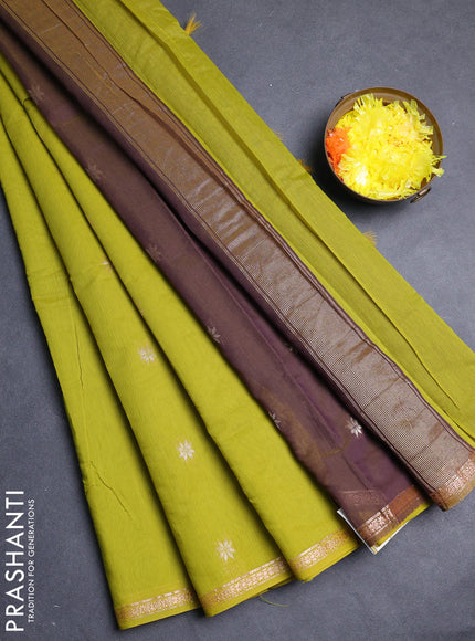 Semi maheswari cotton saree light green and purple with allover zari woven buttas and small zari woven border