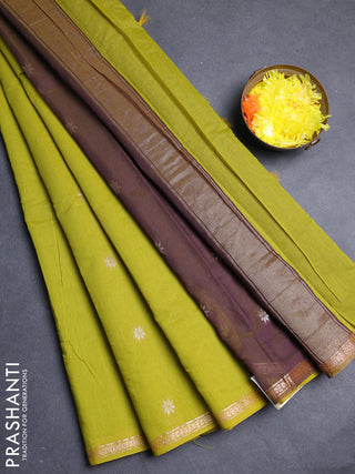 Semi maheswari cotton saree light green and purple with allover zari woven buttas and small zari woven border