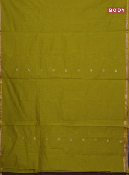 Semi maheswari cotton saree light green and purple with allover zari woven buttas and small zari woven border