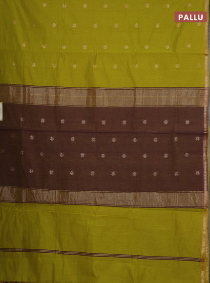 Semi maheswari cotton saree light green and purple with allover zari woven buttas and small zari woven border