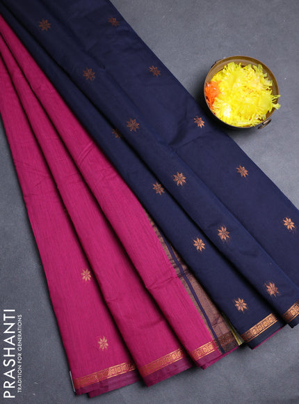 Semi maheswari cotton saree magenta pink and blue with allover copper zari woven buttas and small copper zari woven border