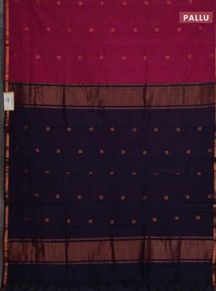 Semi maheswari cotton saree magenta pink and blue with allover copper zari woven buttas and small copper zari woven border