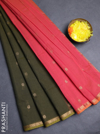 Semi maheswari cotton saree mehendi green and pink with allover zari woven buttas and small zari woven border