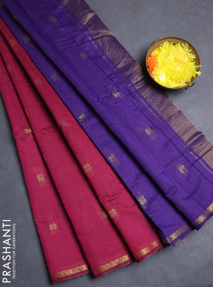 Semi maheswari cotton saree magenta pink and violet with allover zari woven buttas and small zari woven border