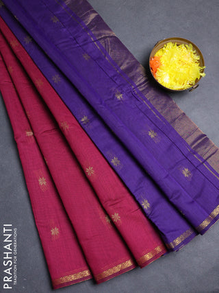 Semi maheswari cotton saree magenta pink and violet with allover zari woven buttas and small zari woven border