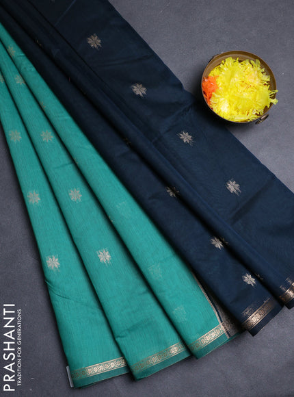 Semi maheswari cotton saree teal green and black with allover zari woven buttas and small zari woven border