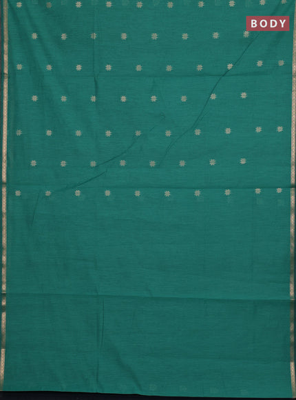 Semi maheswari cotton saree teal green and black with allover zari woven buttas and small zari woven border