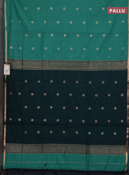 Semi maheswari cotton saree teal green and black with allover zari woven buttas and small zari woven border
