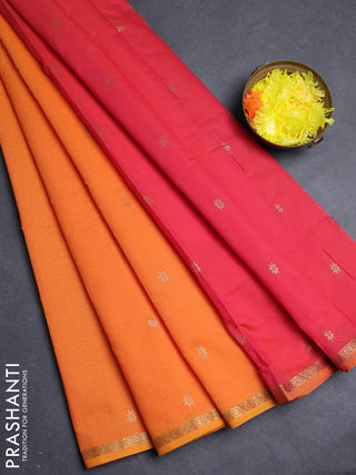 Semi maheswari cotton saree orange and pink with allover zari woven buttas and small zari woven border